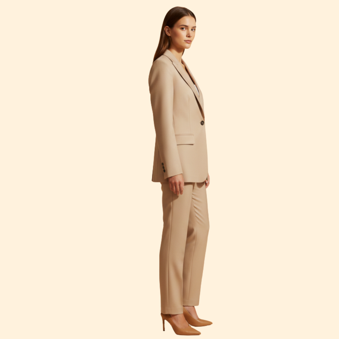 Women's elegant two-piece blazer and straight-leg pant set, offering professional style & comfortable wear.