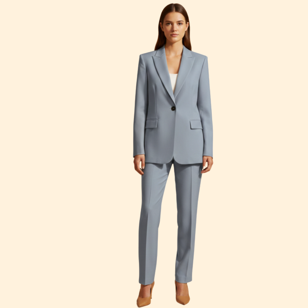 Professional women's blazer and straight-leg trouser set, creating a polished & sophisticated office look.