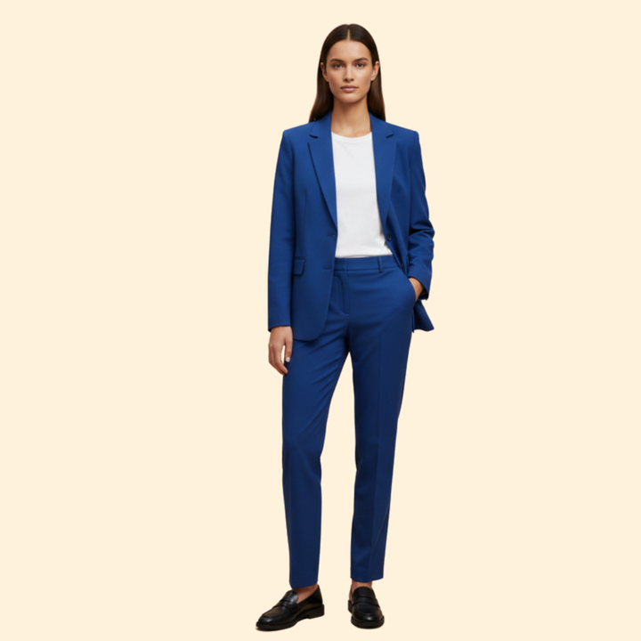 Coordinated women's blazer and straight-leg trouser ensemble, a stylish two-piece for formal & casual occasions.