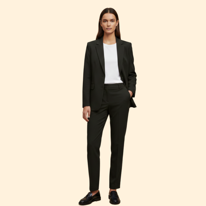 Complete women's elegant blazer & straight-leg trouser outfit, perfect for formal occasions & office attire.