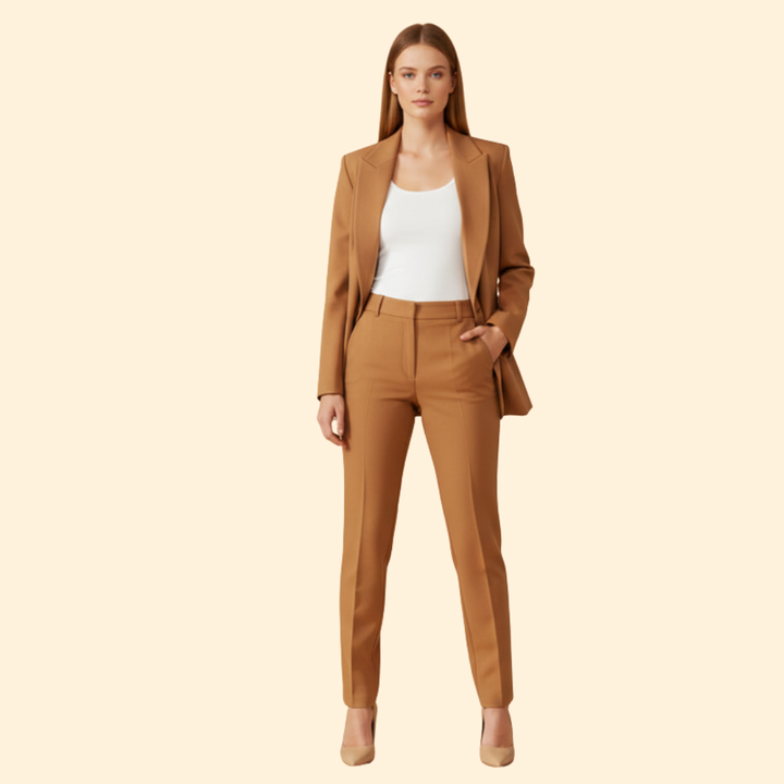 Fashionable women's blazer & straight-leg trouser suit, an elegant two-piece for professional & business style.