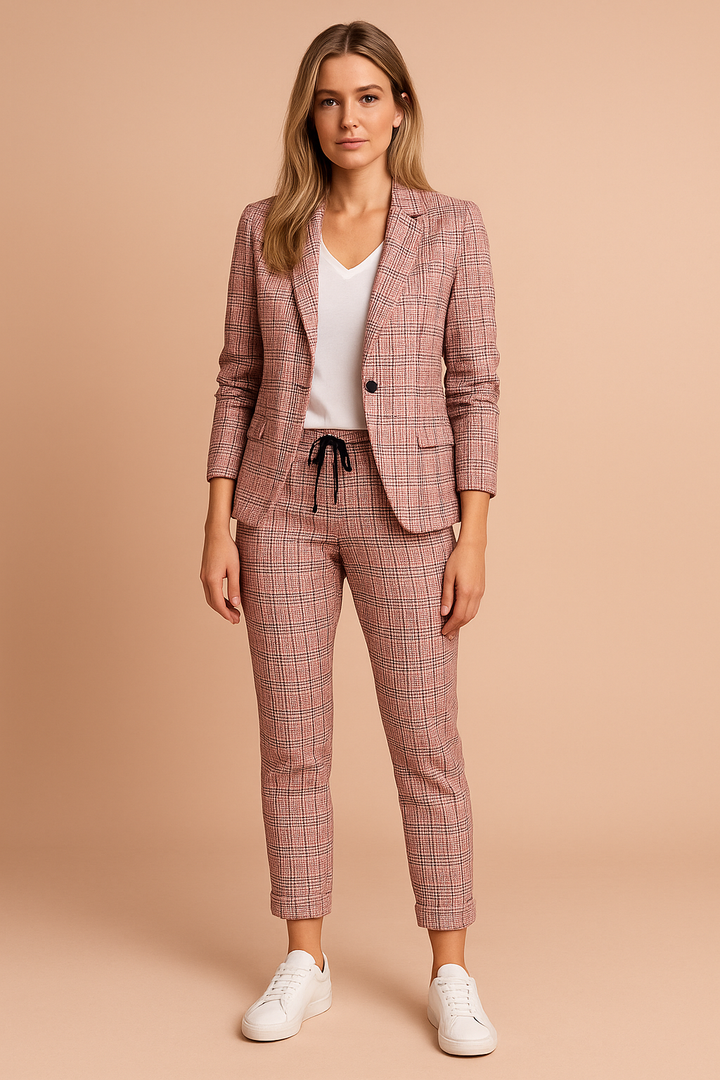 Elegant women's blazer suit set with casual drawstring trousers. Perfect business casual matching outfit for work or stylish events.