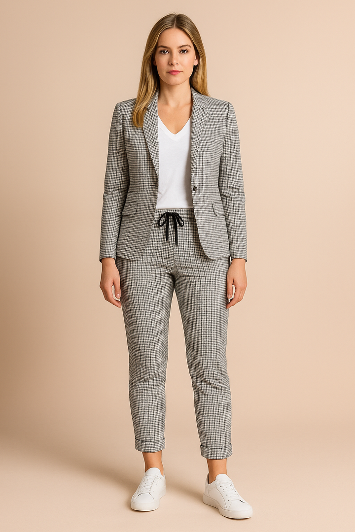 Women's elegant suit: a stylish blazer and drawstring trousers for a chic business casual outfit. Versatile workwear fashion.