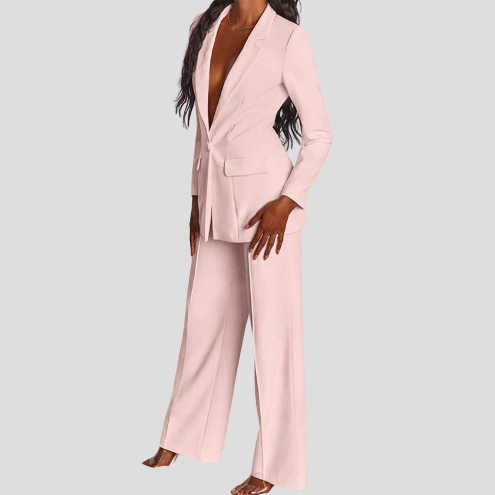Elegant two-piece women's suit: professional blazer and trouser set for versatile office wear.