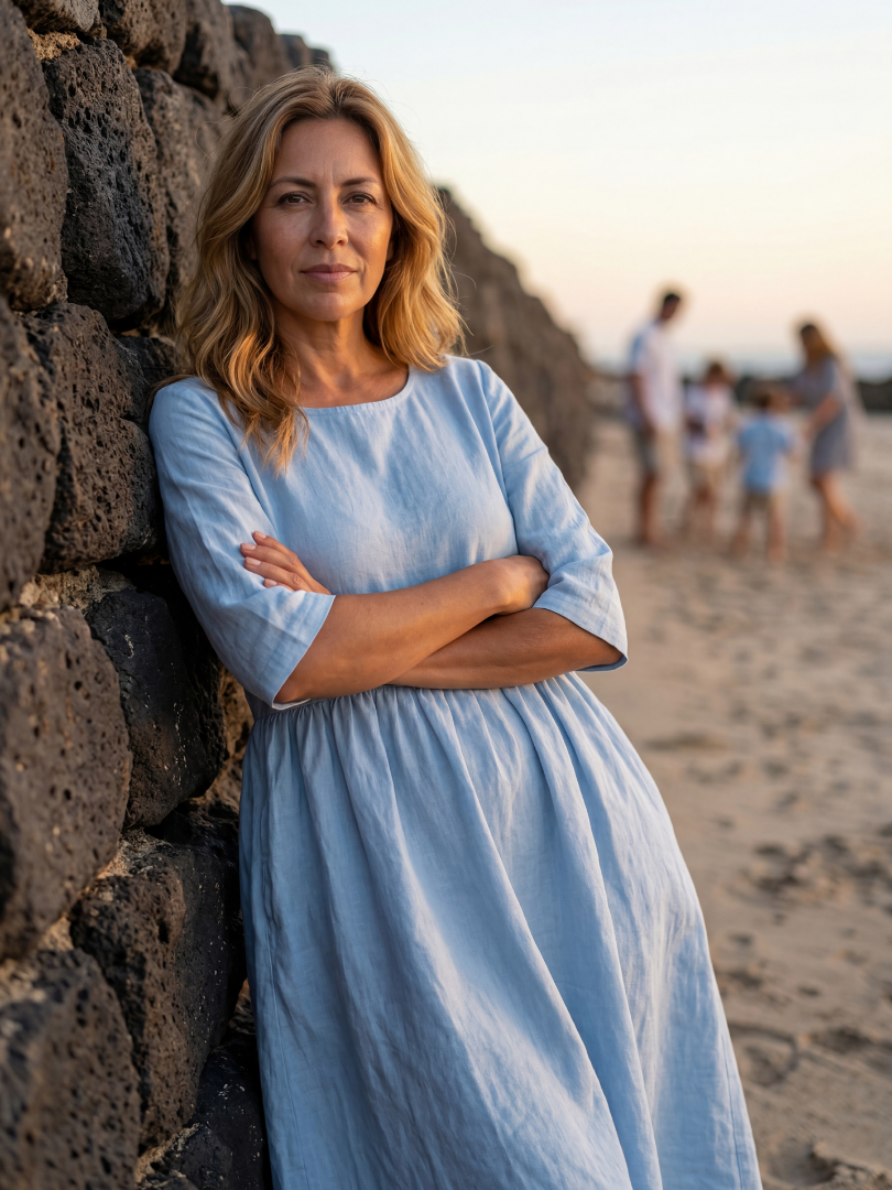 Comfortable blue flowy midi dress for women, featuring a round neck and half sleeves, ideal for summer.