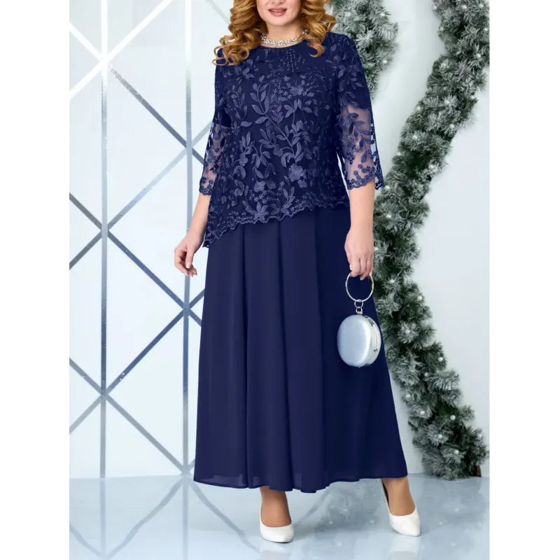 Plus size women's navy formal maxi dress with intricate floral lace bodice & elegant 3/4 sleeves for events.