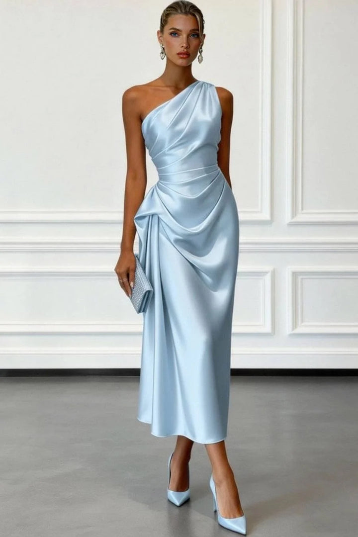 Elegant women's blue midi dress with slanted collar & pleated skirt, perfect for formal events & chic occasions.