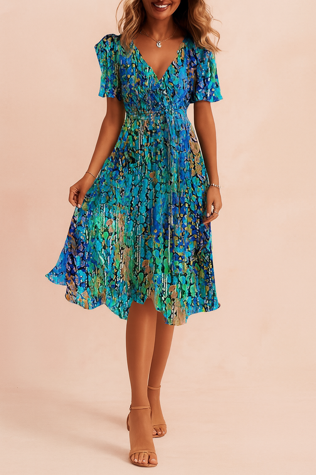 Elegant women's blue V-neck midi dress, perfect for versatile chic style, casual or evening wear. Comfortable and fashionable.