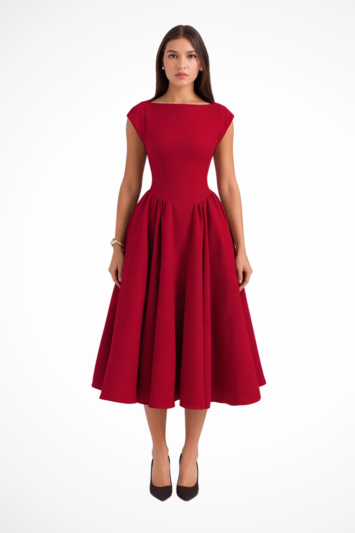 Elegant women's boat neck cap sleeve midi dress, perfect for wedding guests or semi-formal parties.