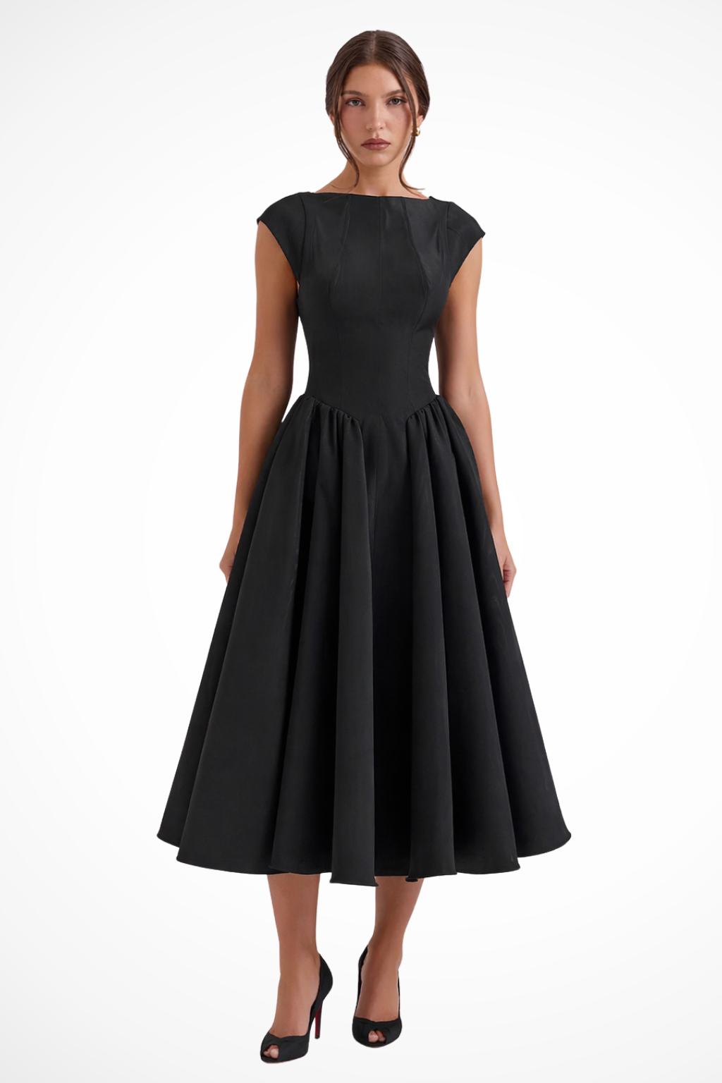 Stylish red boat neck cap sleeve midi dress for women, ideal for elegant parties, weddings & special occasions.