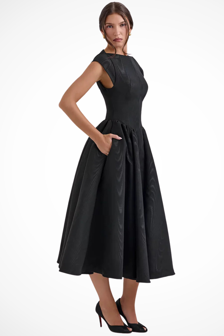 Classic white boat neck cap sleeve midi dress, an elegant, versatile choice for formal or semi-formal events.