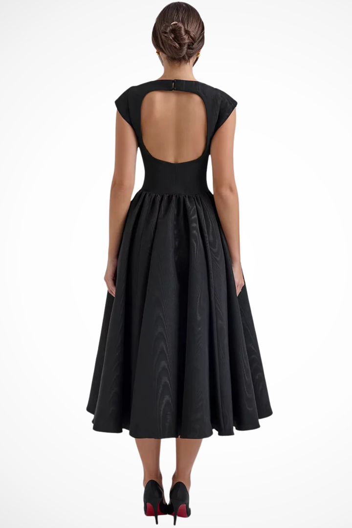 Women's formal boat neck cap sleeve midi dress, featuring an elegant, tailored silhouette for sophisticated wear.