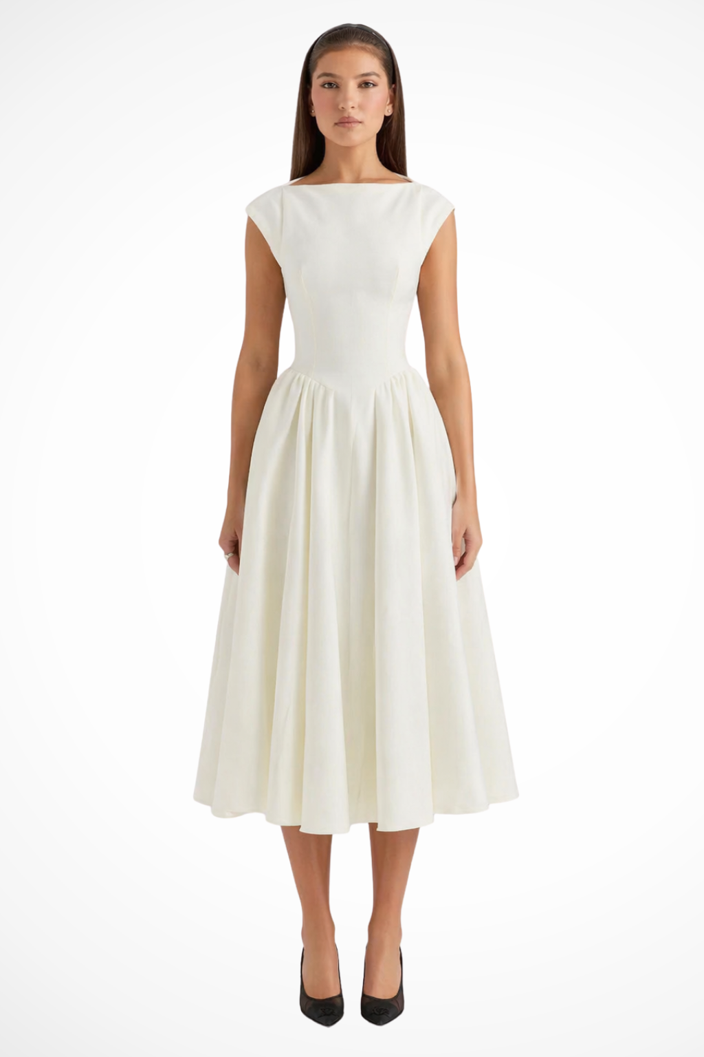 Versatile black cap sleeve midi dress, boat neck style, suitable for wedding guests, parties & formal events.