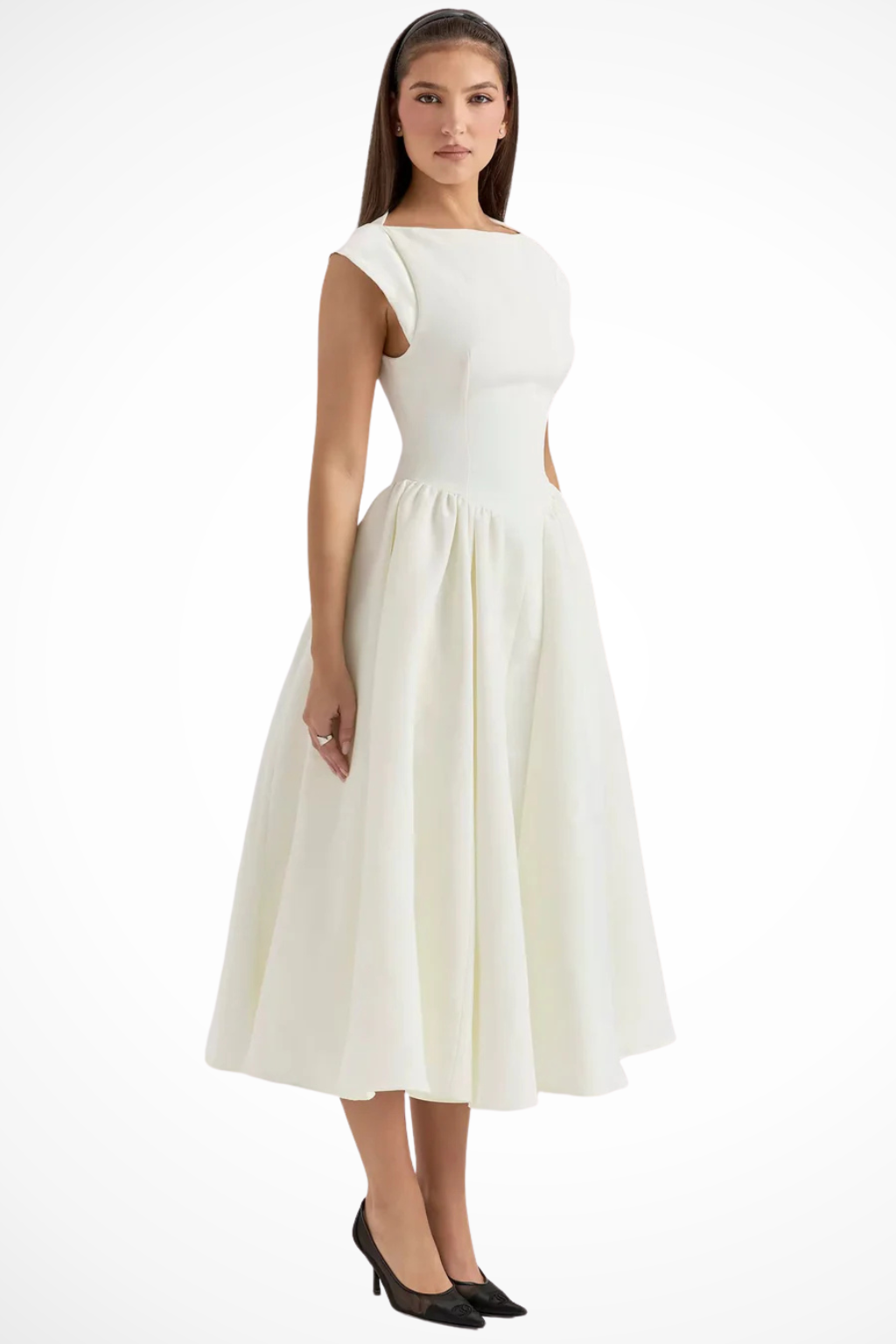 Elegant women's red midi dress with a boat neck & cap sleeves, perfect for a sophisticated party or formal look.