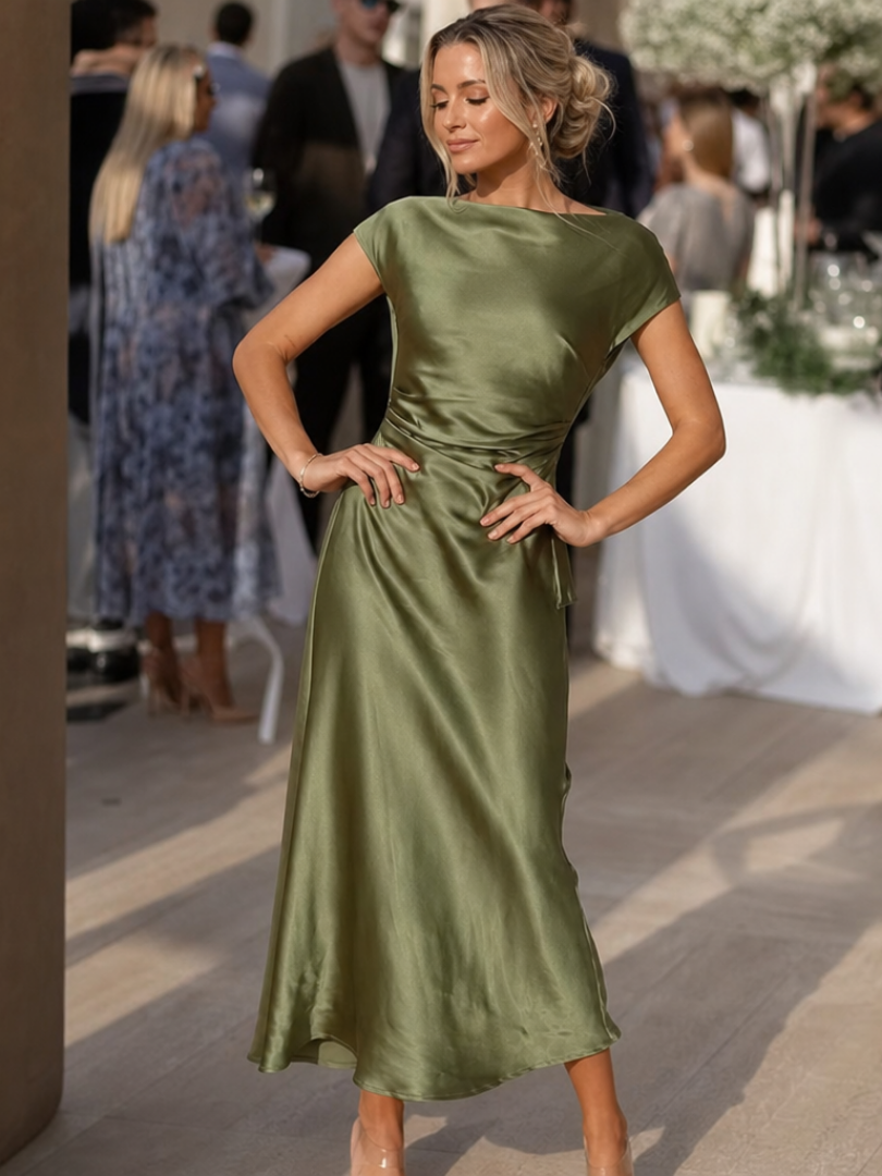 Elegant women's boat neck short sleeve fitted midi dress, perfect for evening wear.