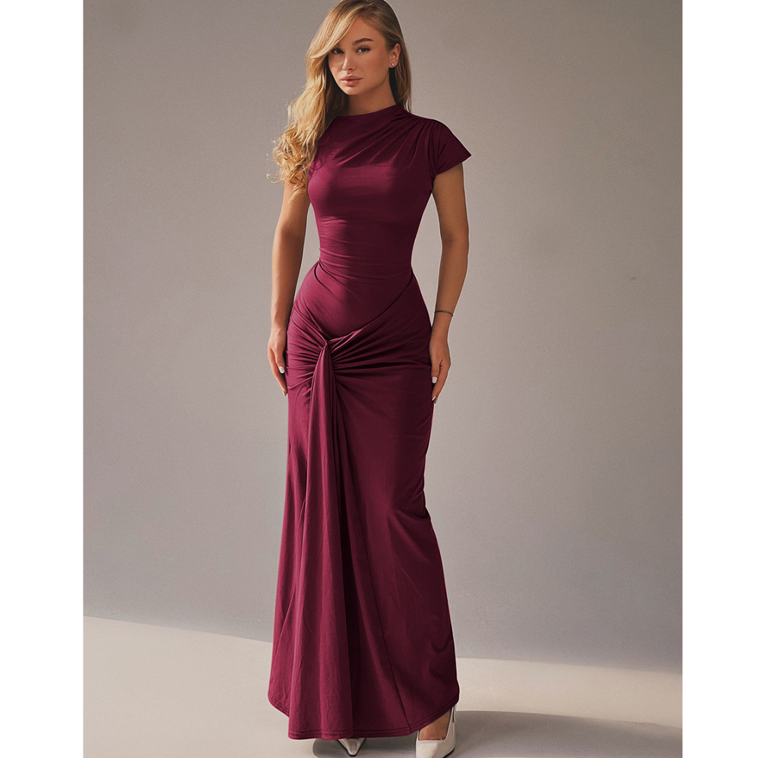 Chic women's formal evening gown, a flattering bodycon midi dress with an elegant tie-back detail.