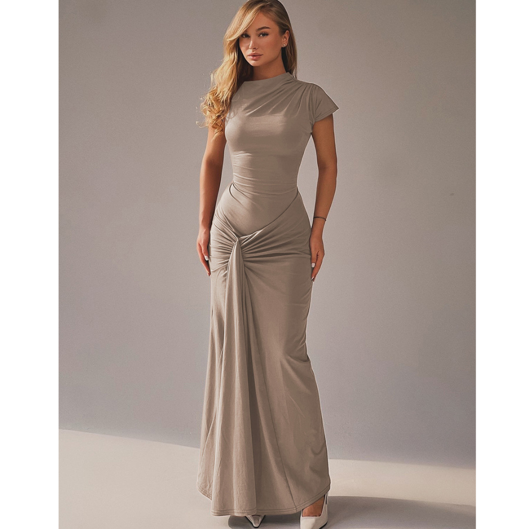 Sophisticated women's tie-back bodycon dress, an elegant midi for formal dinners & special occasions.