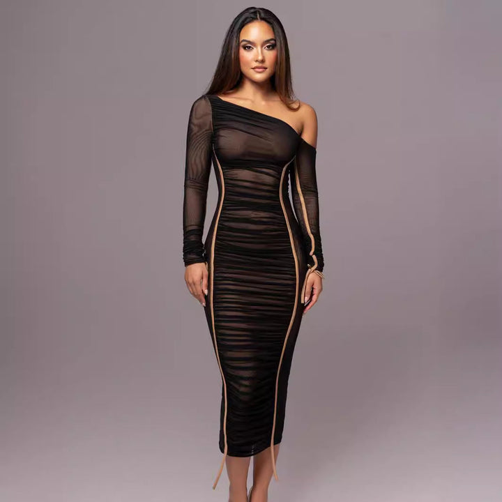 Classic black bodycon midi dress with long sleeves, ideal for versatile women's fashion & formal events.