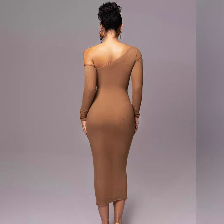 Stylish brown long sleeve bodycon midi dress, a classy and versatile piece for women's party & evening wear.