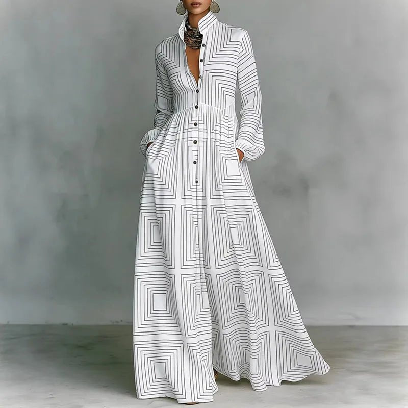 Elegant women's bohemian maxi dress with geometric print, high-waist, button-front, and long sleeves for style.
