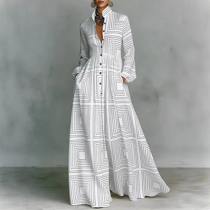 Elegant women's bohemian maxi dress with geometric print, high-waist, button-front, and long sleeves for style.
