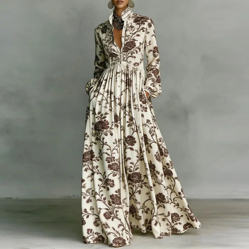 Bohemian geometric print maxi dress for women, featuring high-waist, button-front, perfect for spring vacation.