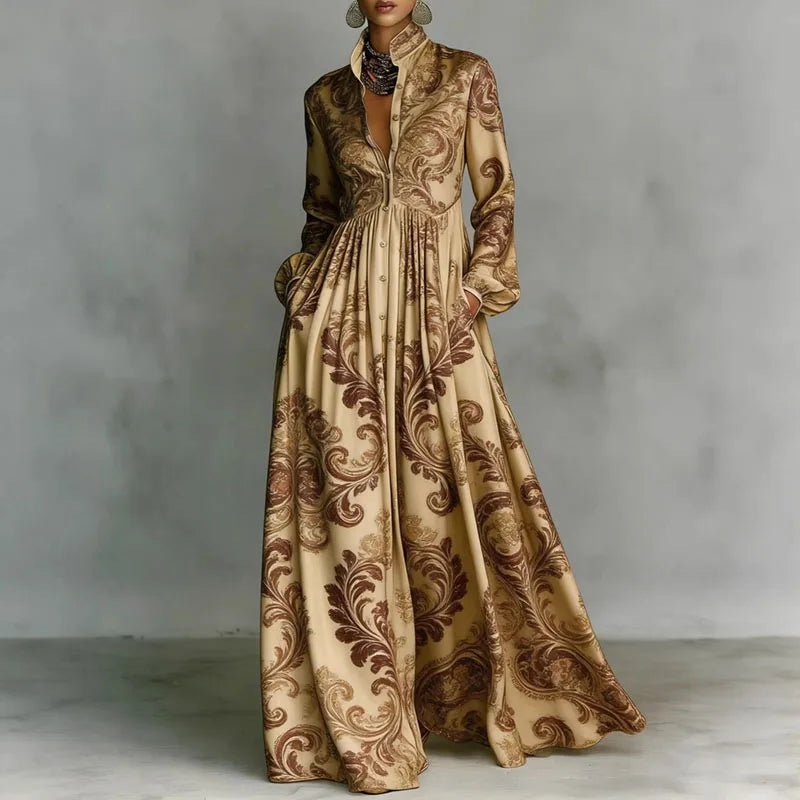 Women's elegant high-waist maxi dress with a unique geometric pattern, button-front, and chic shirt collar.