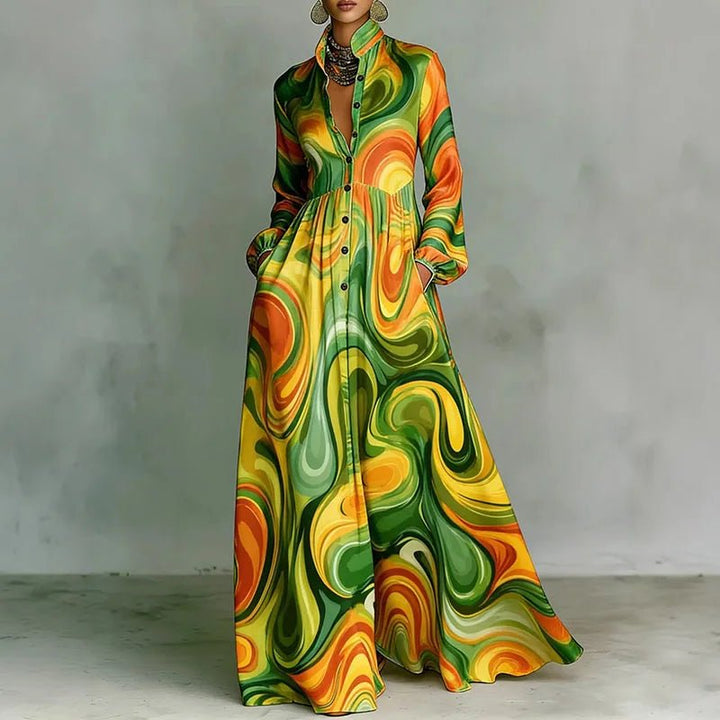 Flowy bohemian geometric maxi dress for women, with comfortable high-waist, button-front, and long sleeves.