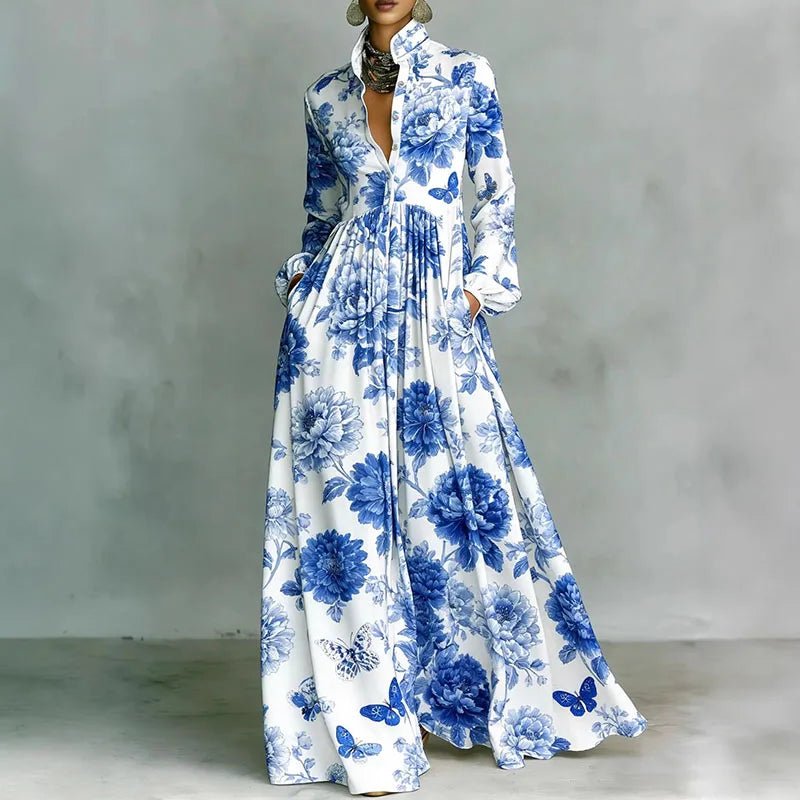 Stunning geometric print maxi dress for women, an elegant high-waist, button-front, and flattering pleated skirt.