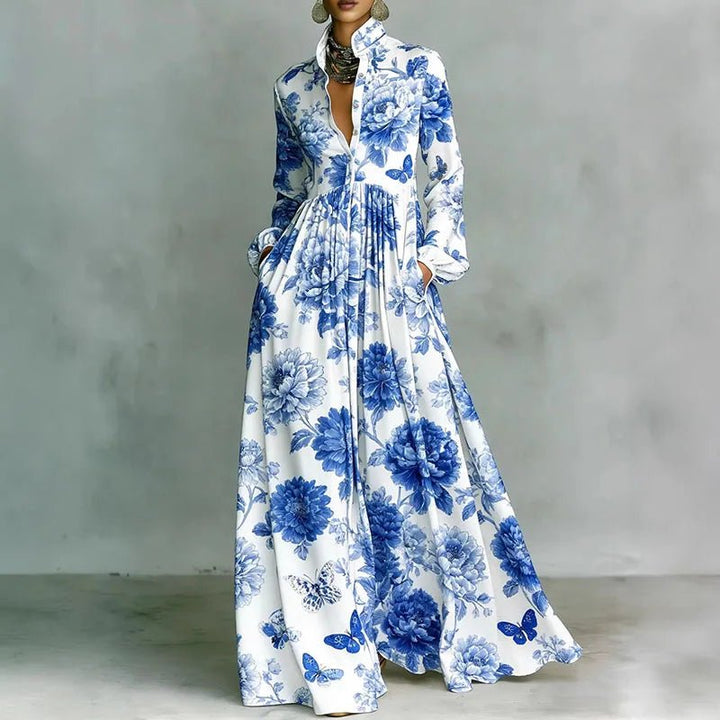 Stunning geometric print maxi dress for women, an elegant high-waist, button-front, and flattering pleated skirt.
