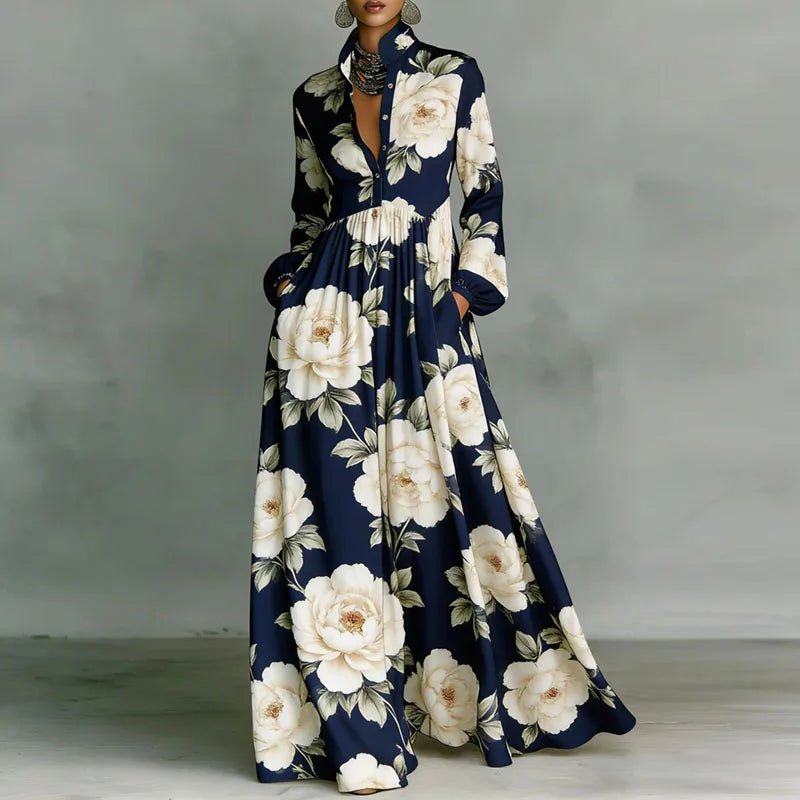 Front view of an elegant women's geometric print maxi dress, showing button-front, high-waist, and long sleeves.