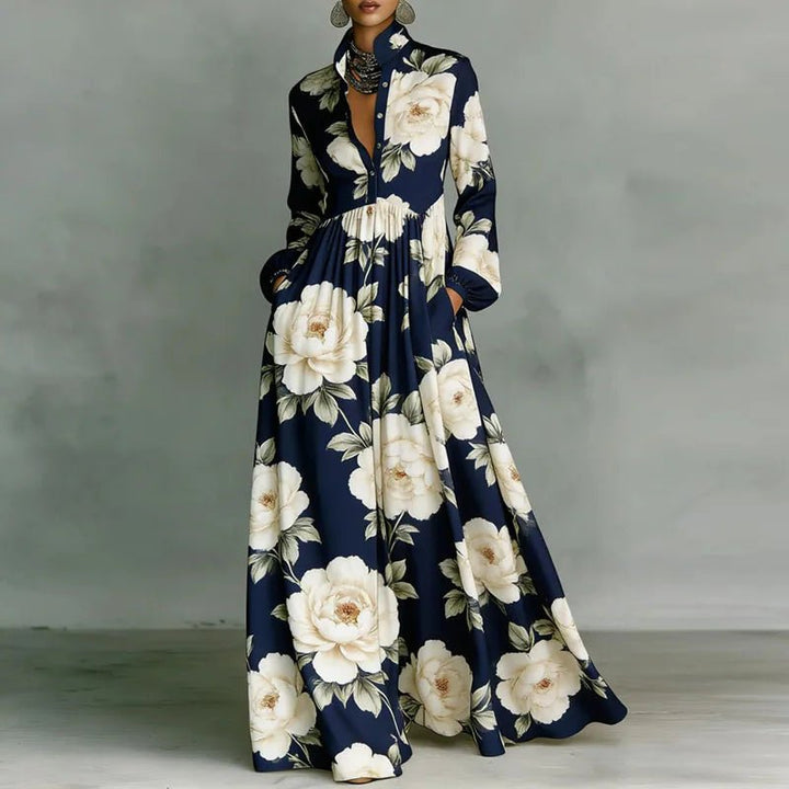 Front view of an elegant women's geometric print maxi dress, showing button-front, high-waist, and long sleeves.
