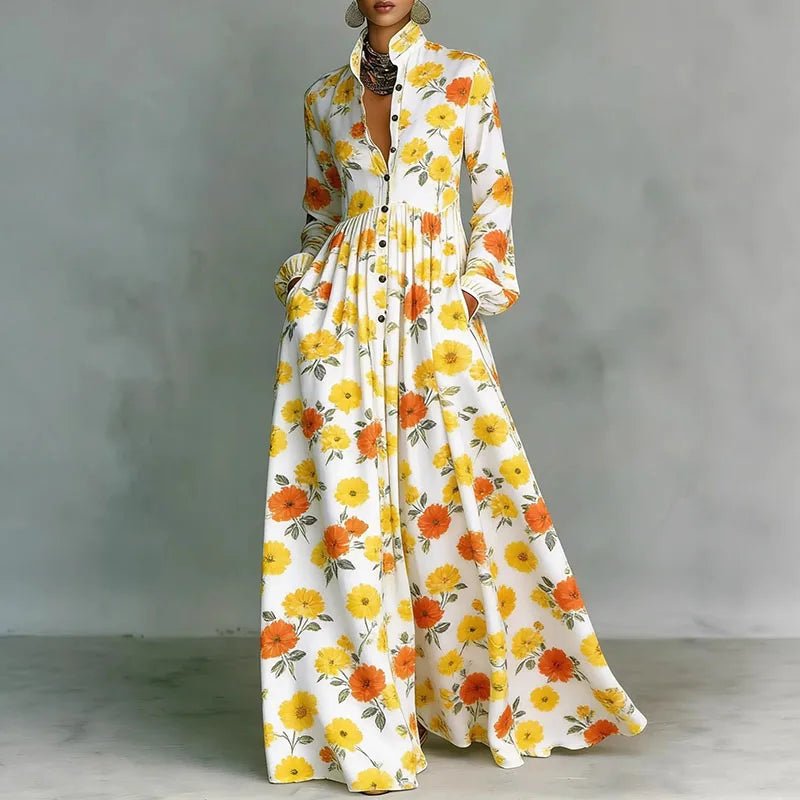 Woman modeling an elegant bohemian geometric maxi dress, high-waist and button-front, for effortless style.