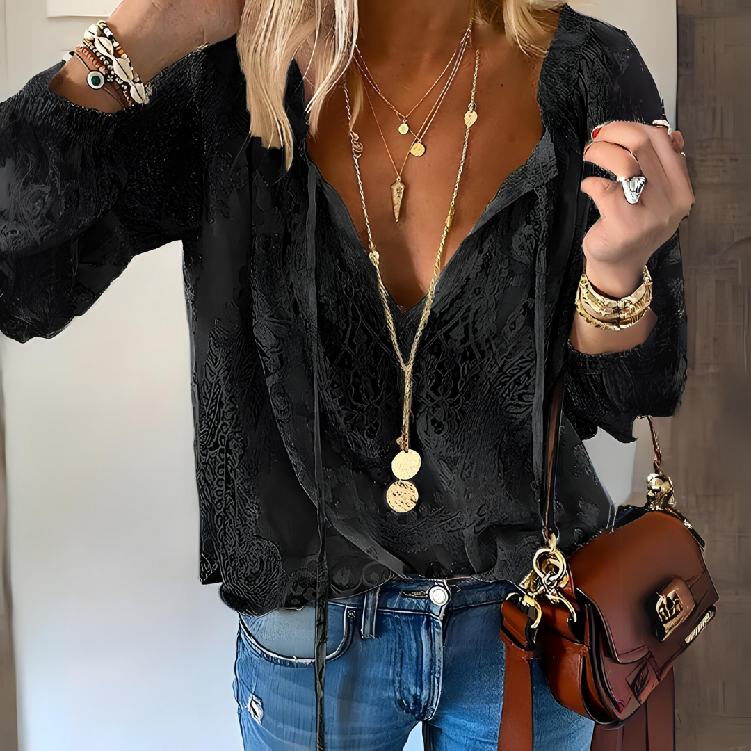 Versatile women's boho blouse, dressy or casual with a unique cutout neckline; ideal for spring/summer.