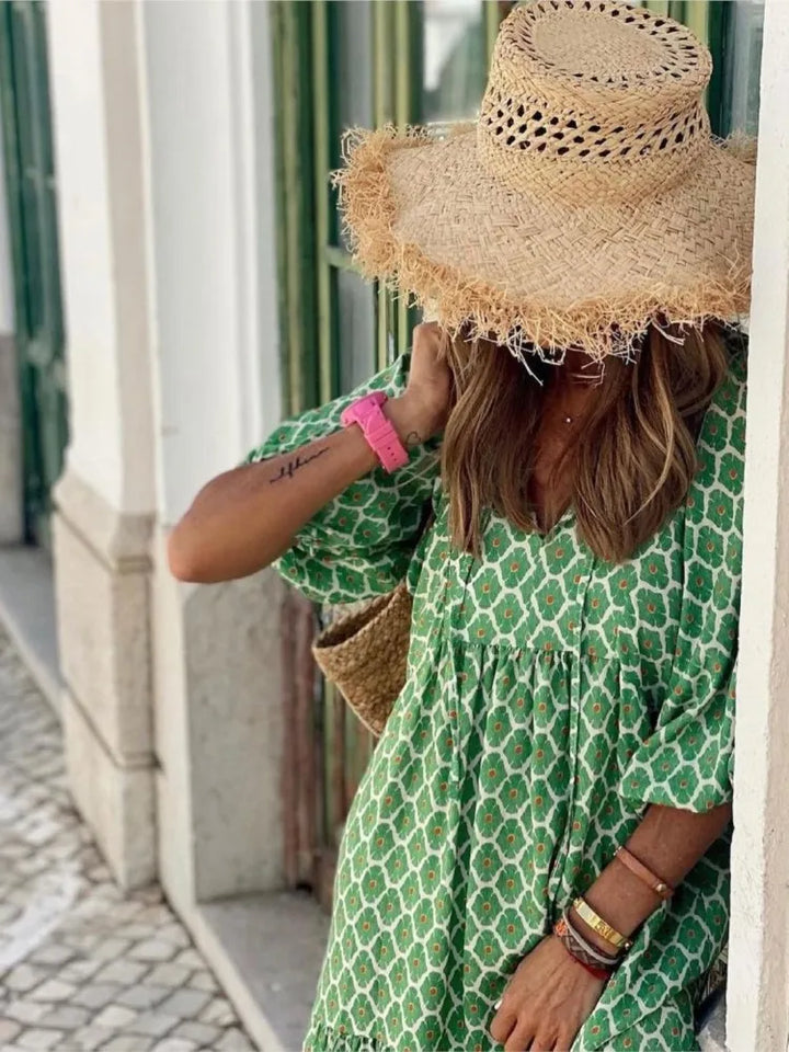 Women's floral print boho maxi dress, ideal for elegant summer occasion wear. Comfortable & flowy style.