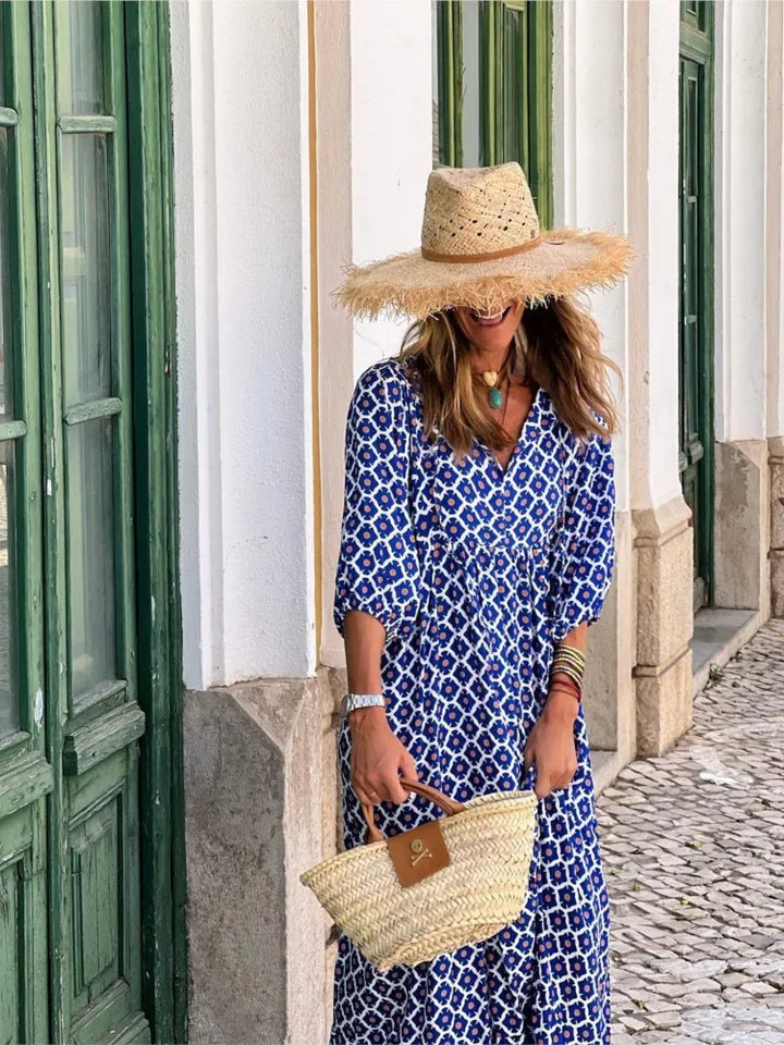 Comfortable women's elegant boho floral maxi dress with a flowy design. Perfect long summer dress.