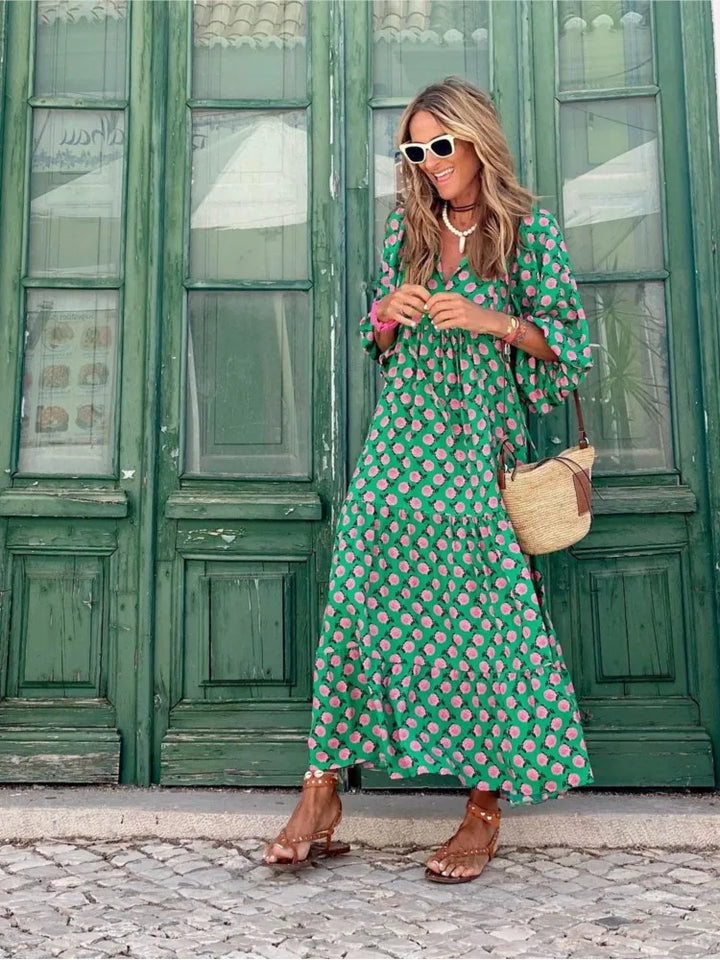 Stylish women's boho floral maxi dress. Elegant, comfortable, and flowy for summer & occasion wear.