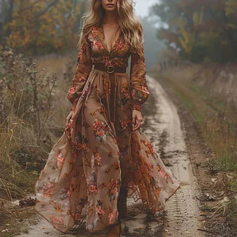 Versatile women's boho floral long sleeve maxi dress, featuring a chic tiered skirt, ideal for various occasions.