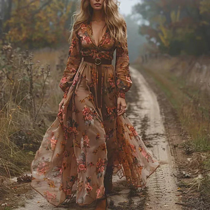 Versatile women's boho floral long sleeve maxi dress, featuring a chic tiered skirt, ideal for various occasions.