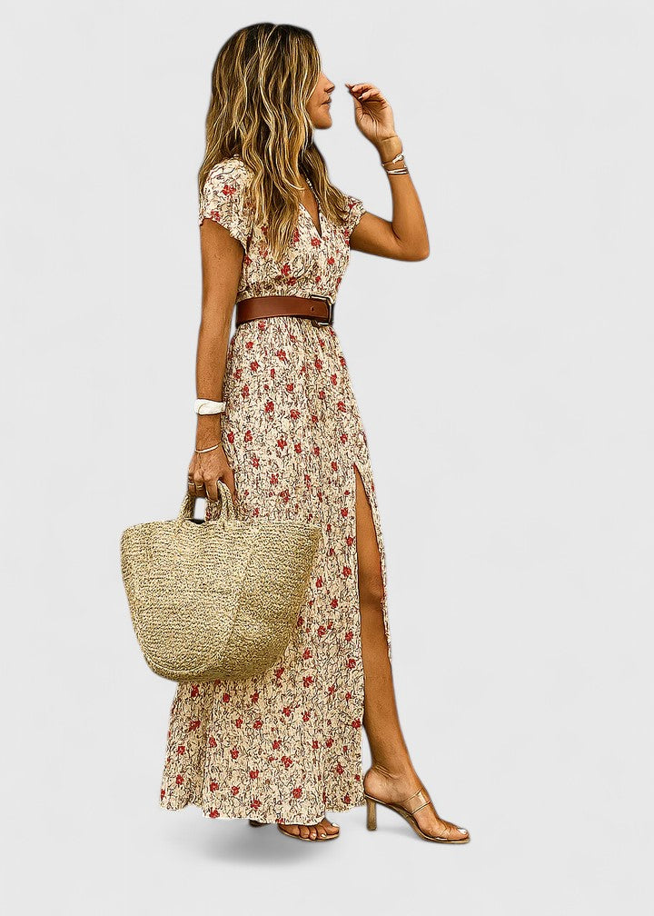 Flowy women's long boho dress, ideal as a casual beach dress or chic day wear.
