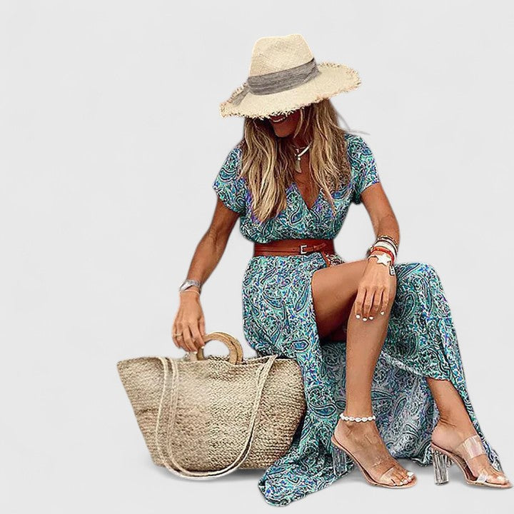 Stylish women's maxi dress, combining boho charm with an elegant touch for warm weather.
