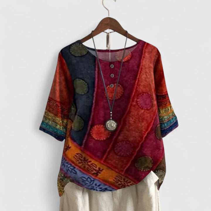 Elegant women's boho patchwork print long sleeve top, perfect for casual or stylish everyday wear. Relaxed fit design.