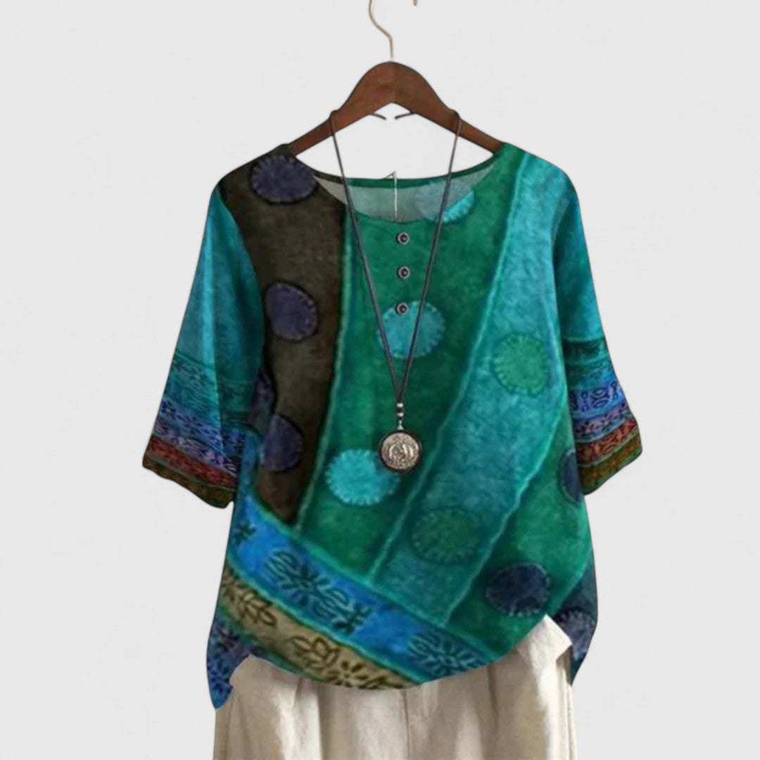 Casual women's long sleeve top with elegant boho patchwork print. Relaxed fit, stylish and travel-friendly for everyday wear.