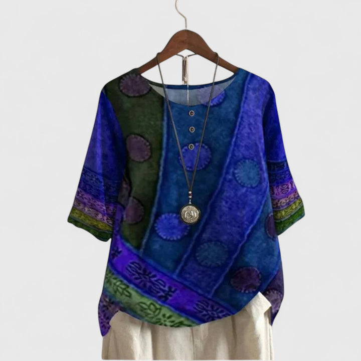 Relaxed fit women's boho patchwork top, a unique long sleeve design for an elegant yet casual bohemian style. Everyday fashion.