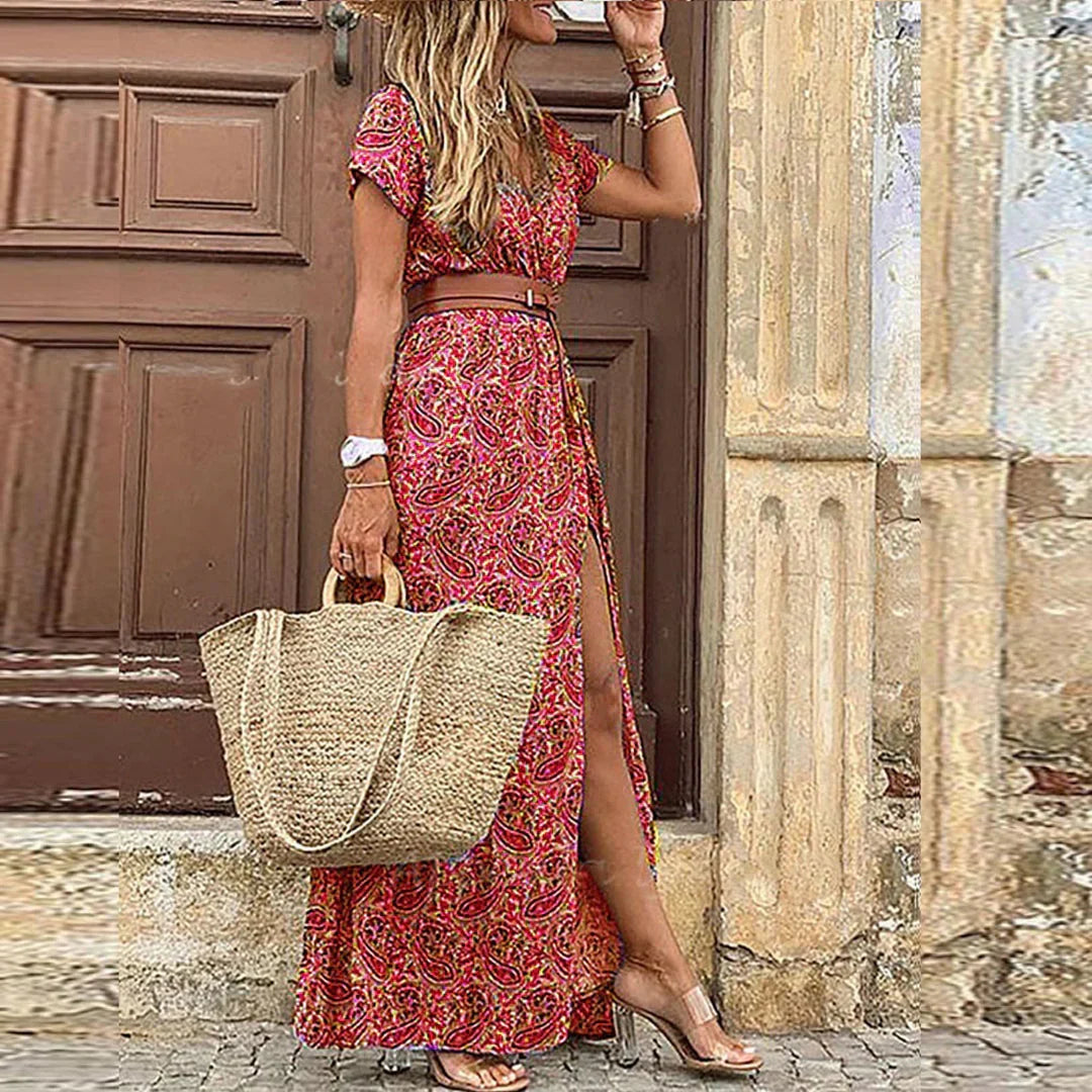 Lightweight, flowy women's boho printed maxi dress with short sleeves, offering comfort for spring & summer days.