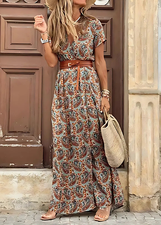Graceful A-line women's boho maxi dress with short sleeves & all-over print, suitable for elegant summer fashion.