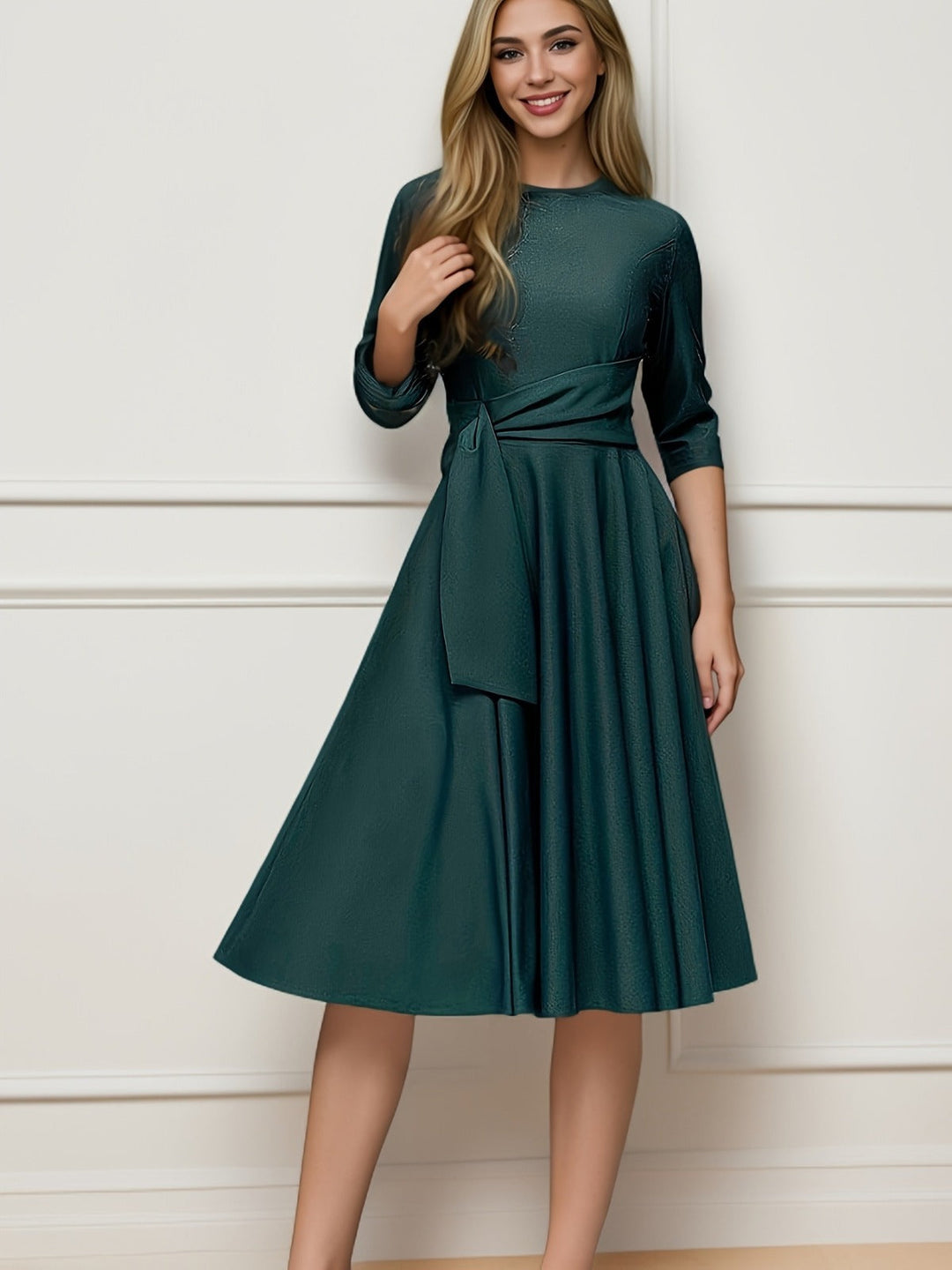Sophisticated women's bow midi blouse for elegant workwear or chic party attire. Features a flattering tie waist.