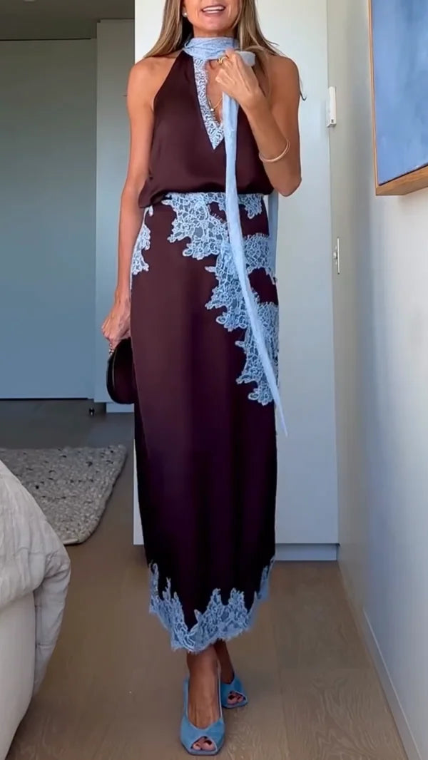 Stylish brown two-piece set featuring a lace detail halter top and flowing maxi skirt for women.
