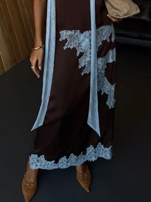 Women's elegant brown lace detail halter top & matching maxi skirt, a perfect special occasion outfit.