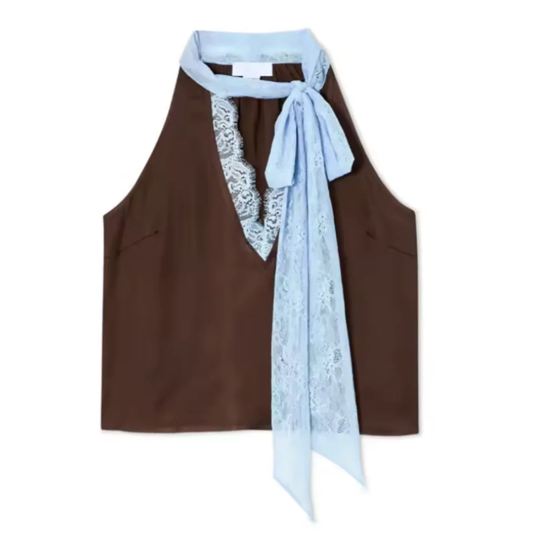 Women's brown two-piece set: elegant V-neck halter top & lace panel maxi skirt. Coordinated summer party wear.
